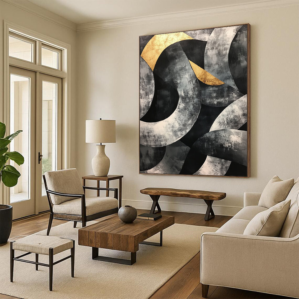 Gray, Black, Gold and Silver Geometric Abstraction "Complex Circles" Painting On Canvas HB400