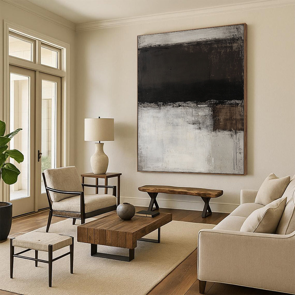 Contemporary hand-painted abstract art featuring a monochromatic white and grey palette with dark brown stripes and rich textured brush strokes on wood panel. DLZ1079