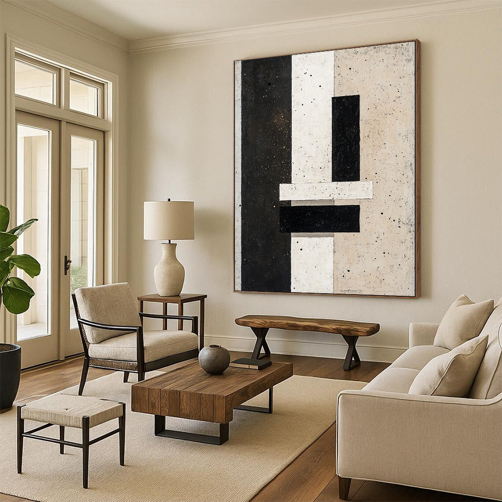 Black, White, Beige with Speckled Patterns "Starry Structure" Abstract Painting On Canvas HB014