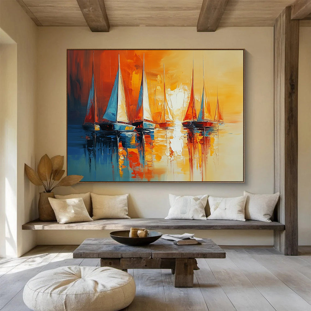 “Sunset Sails” - Orange, yellow, blue; Sailboats on calm water at sunset; Impasto Oil Painting On Canvas HB1166
