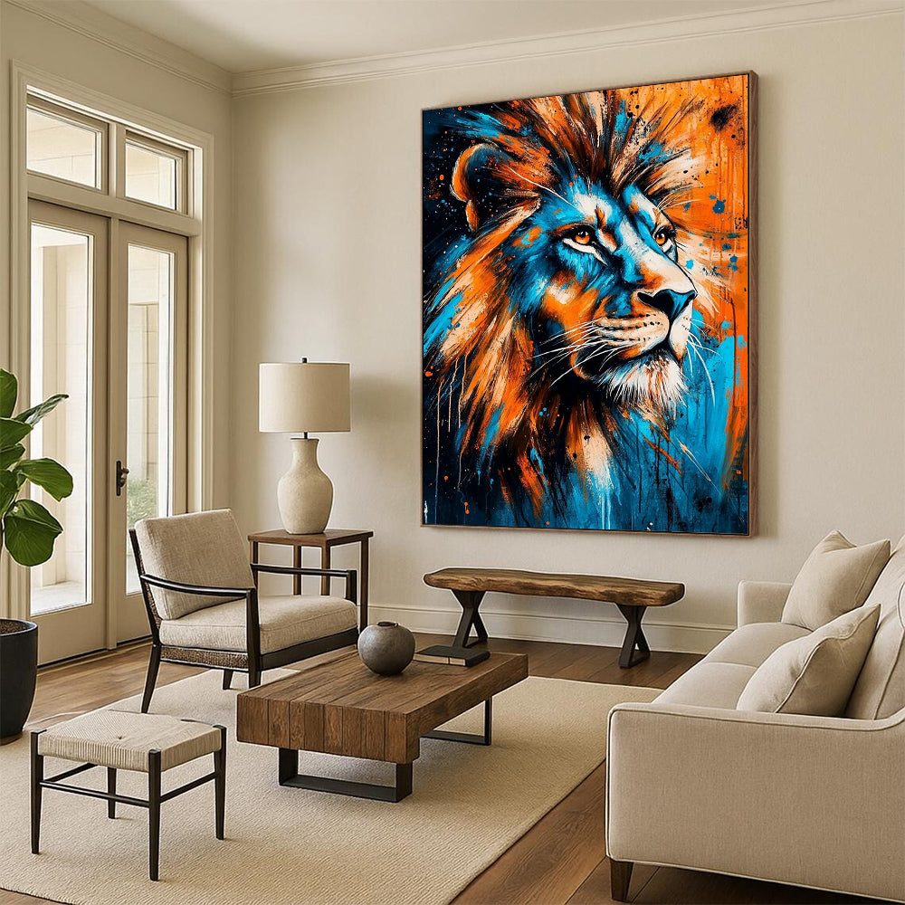 Contemporary abstract painting featuring a lion with piercing eyes in vibrant blue and orange symbolizing strength and the wild beauty of nature. DLZ1303