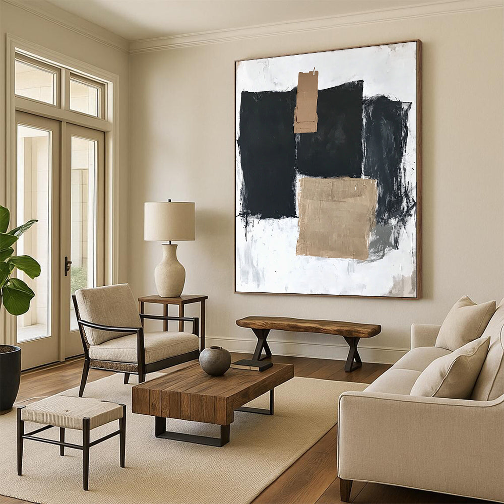 Contemporary hand-painted abstract art featuring three large black squares, one with brown tape, on a white background with thick dark gray strokes. DLZ1335