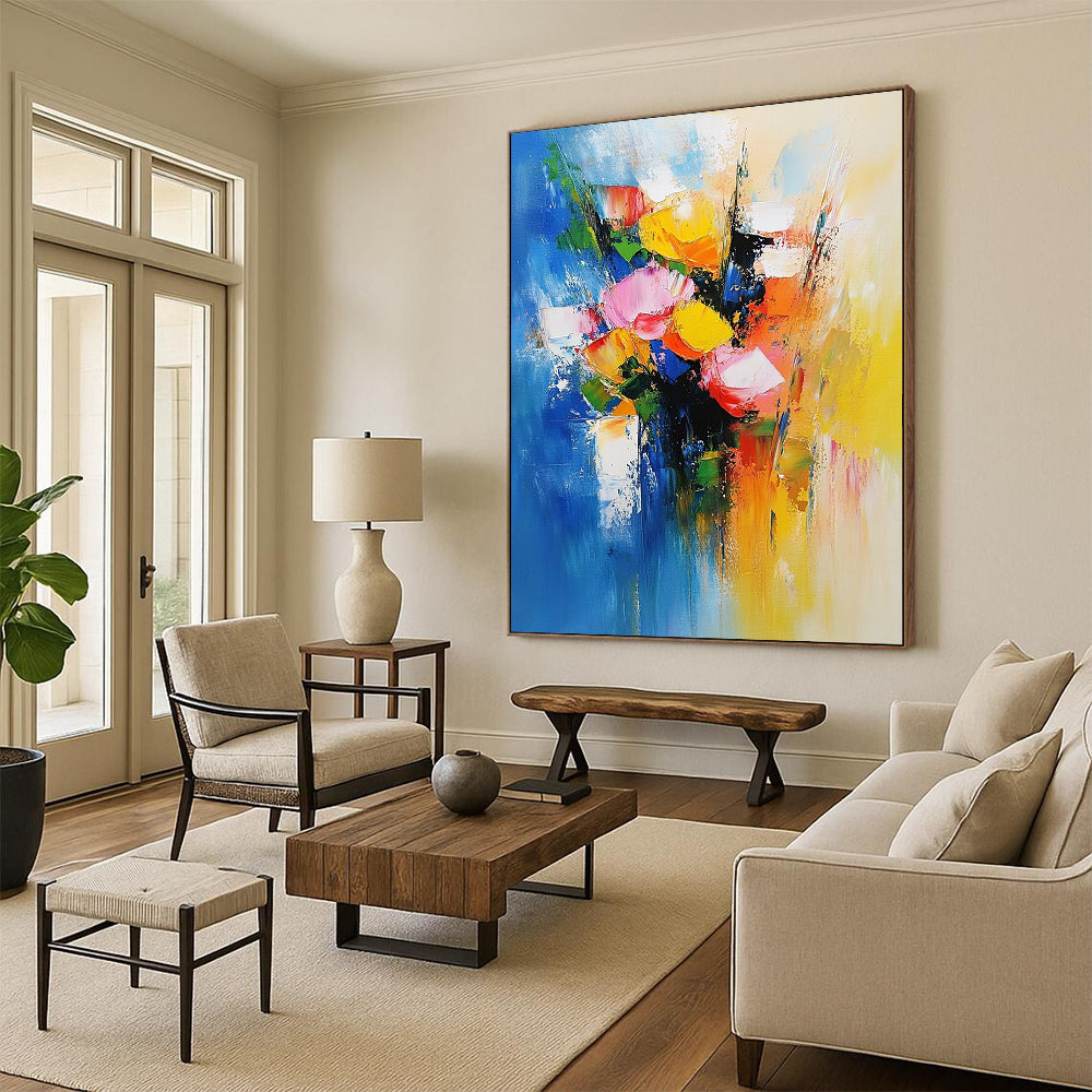 Bold contemporary abstract painting featuring vibrant flowers against soft blue and yellow tones evoking joy and vitality with dynamic brushwork. DLZ0374