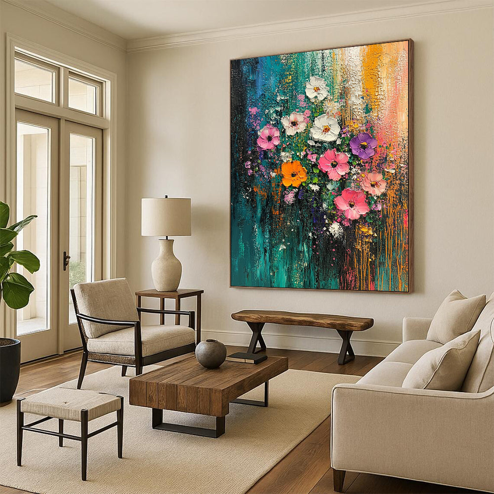 Vibrant contemporary abstract painting featuring colorful flowers against a textured forest backdrop that invites you to explore its lively landscape. DLZ1022