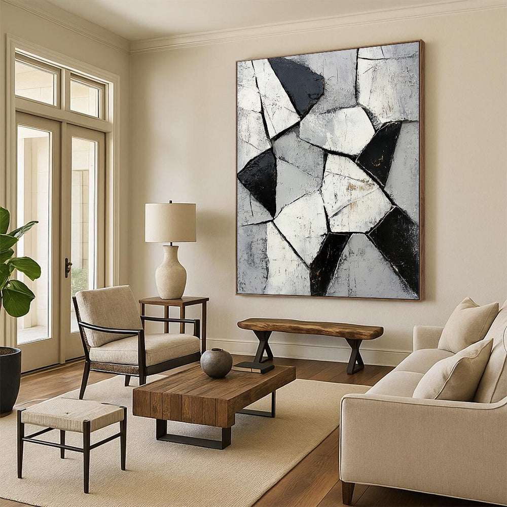 Gray, Black, White, Fragmented Shapes "Broken Mosaic" Abstract Cubist - Inspired Painting On Canvas HB060