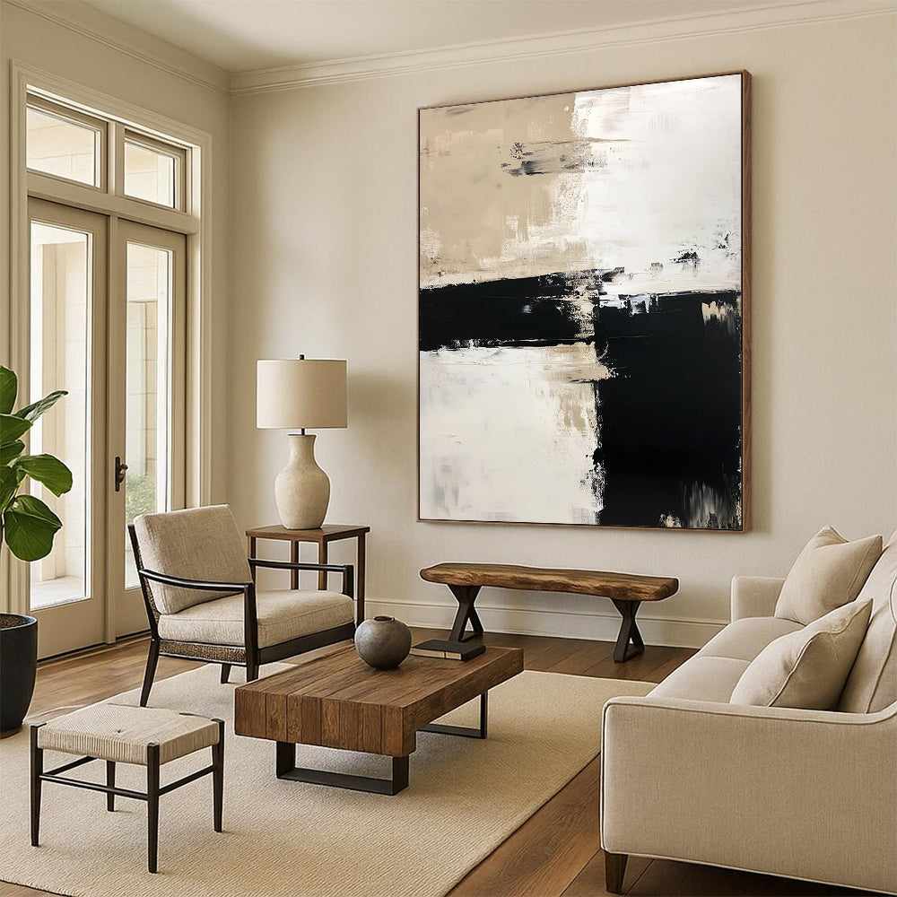 Contemporary hand-painted abstract art features a harmonious blend of white, beige, and black tones in acrylic paint for a modern aesthetic. DLZ0270
