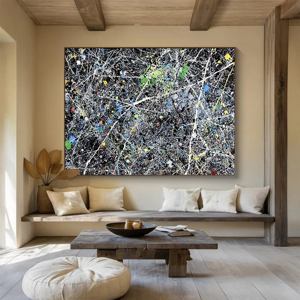 “Colorful Splatter Abstract” - Black, Colorful Splatters, White Lines - Painting On Canvas HB1433