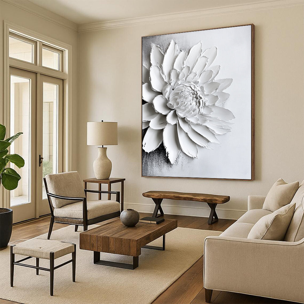 Contemporary abstract art featuring a textured white chrysanthemum painting on canvas, creating a striking monochrome aesthetic for modern interiors. DLZ0831