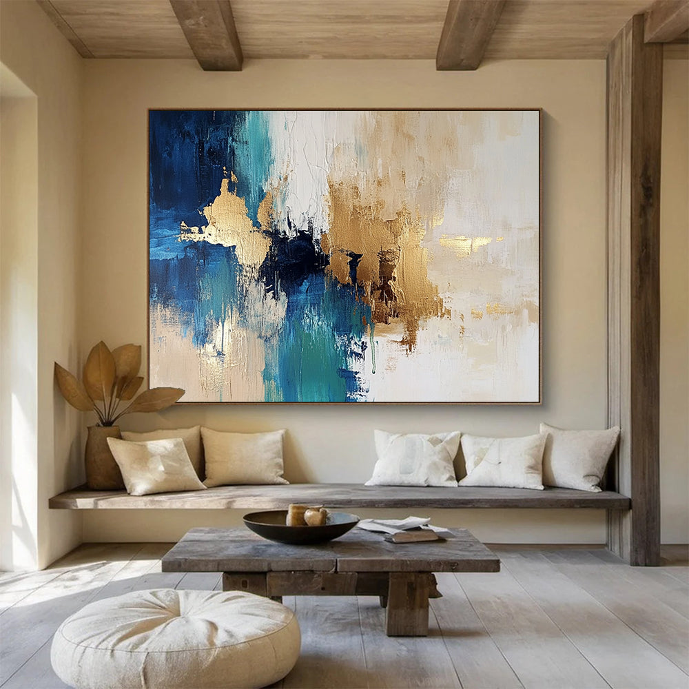 “Blue and Gold Abstract Fusion” - Blue, Gold, White, Abstract Color Fusion Painting On Canvas HB0968