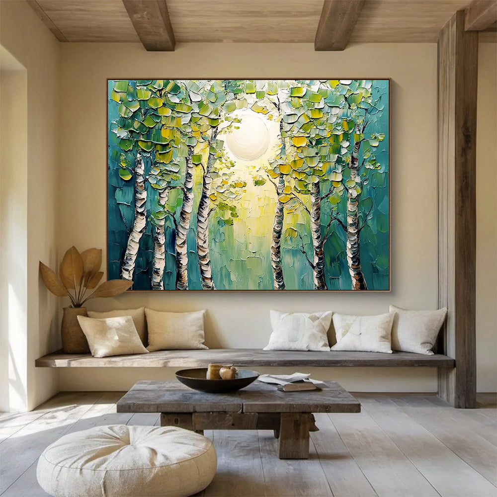 “Textured Forest Sunrise” - Green, Yellow, Blue, Textured Forest & Sun HB1133