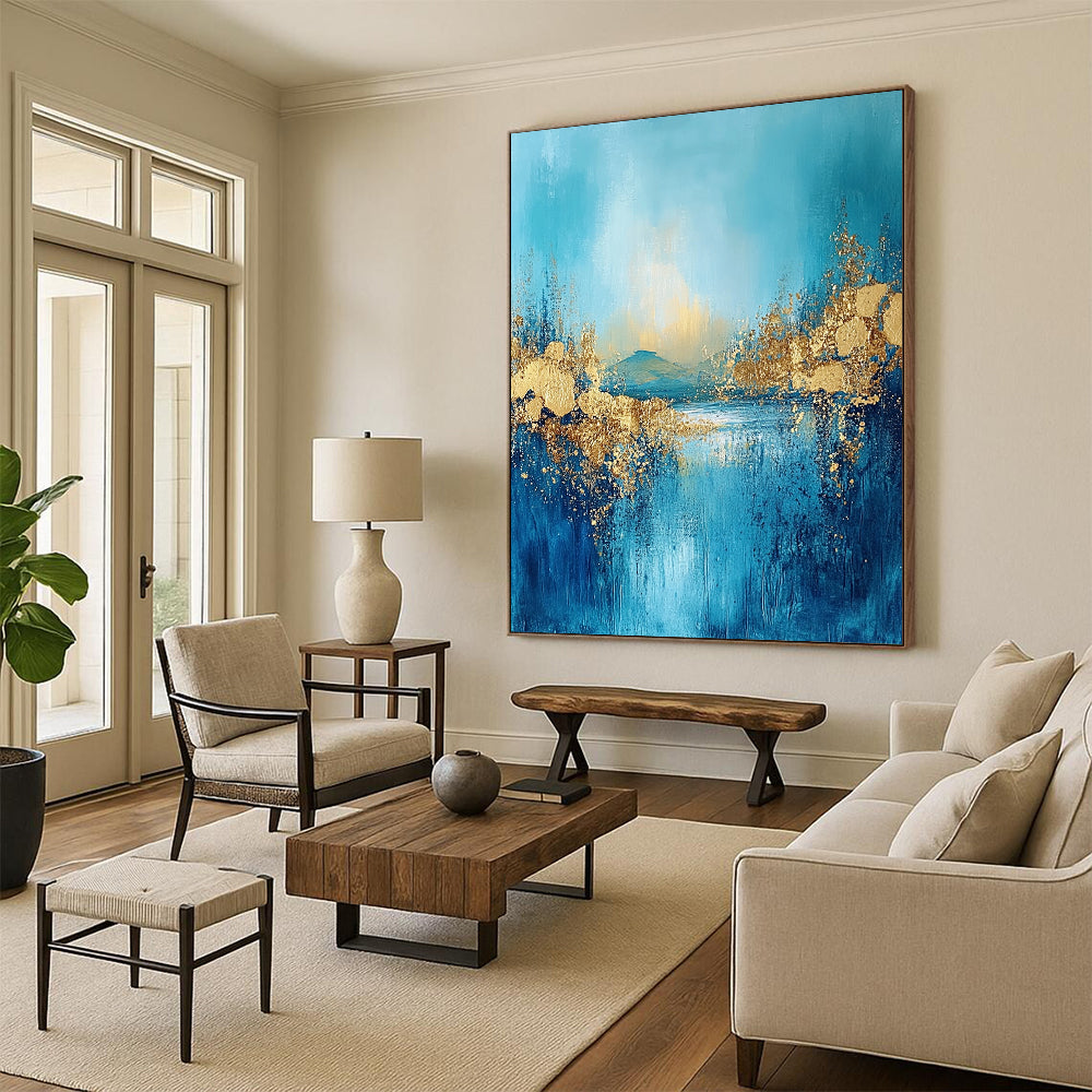 Contemporary large abstract painting features textured fringe with a landscape illuminated by golden light and adorned with gold foil accents. DLZ0345