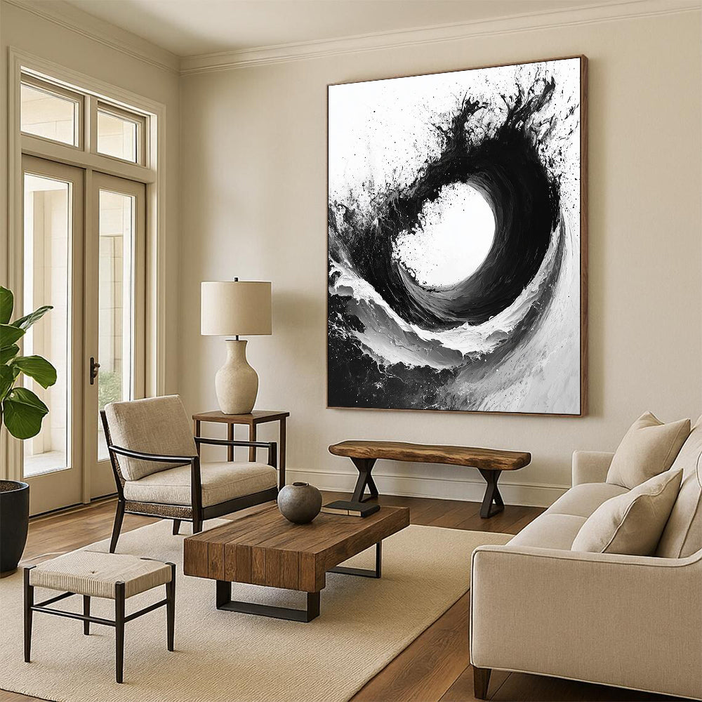 Black & White Ink Wave - “Powerful Ink Surge” Painting On Canvas HB229