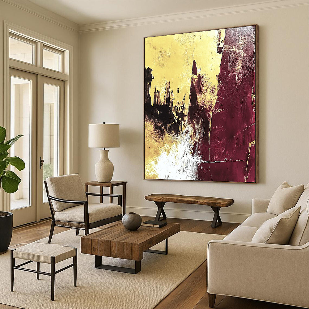 Large contemporary hand-painted abstract artwork featuring yellow and burgundy colors with white texture and gold leaf, capturing ruins in a high-contrast detailed style. DLZ1527