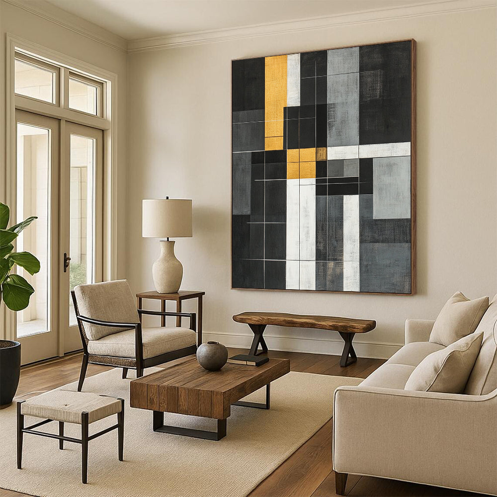 Black, White, Gold, Gray, Geometric Grid "Gilded Geometric Web" Abstract Neo - Plasticist Painting On Canvas HB163