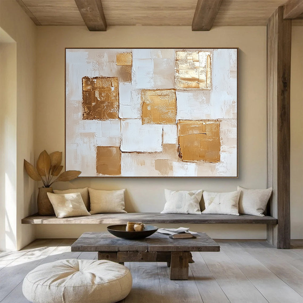 “Golden Squares” - Beige, White, Gold with Geometric Squares - Abstract Acrylic Painting HB1338