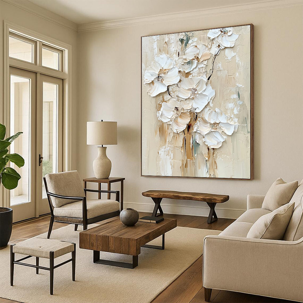 Contemporary large hand-painted abstract artwork featuring impasto white flowers in a soothing palette of neutral colors and tones. DLZ0672