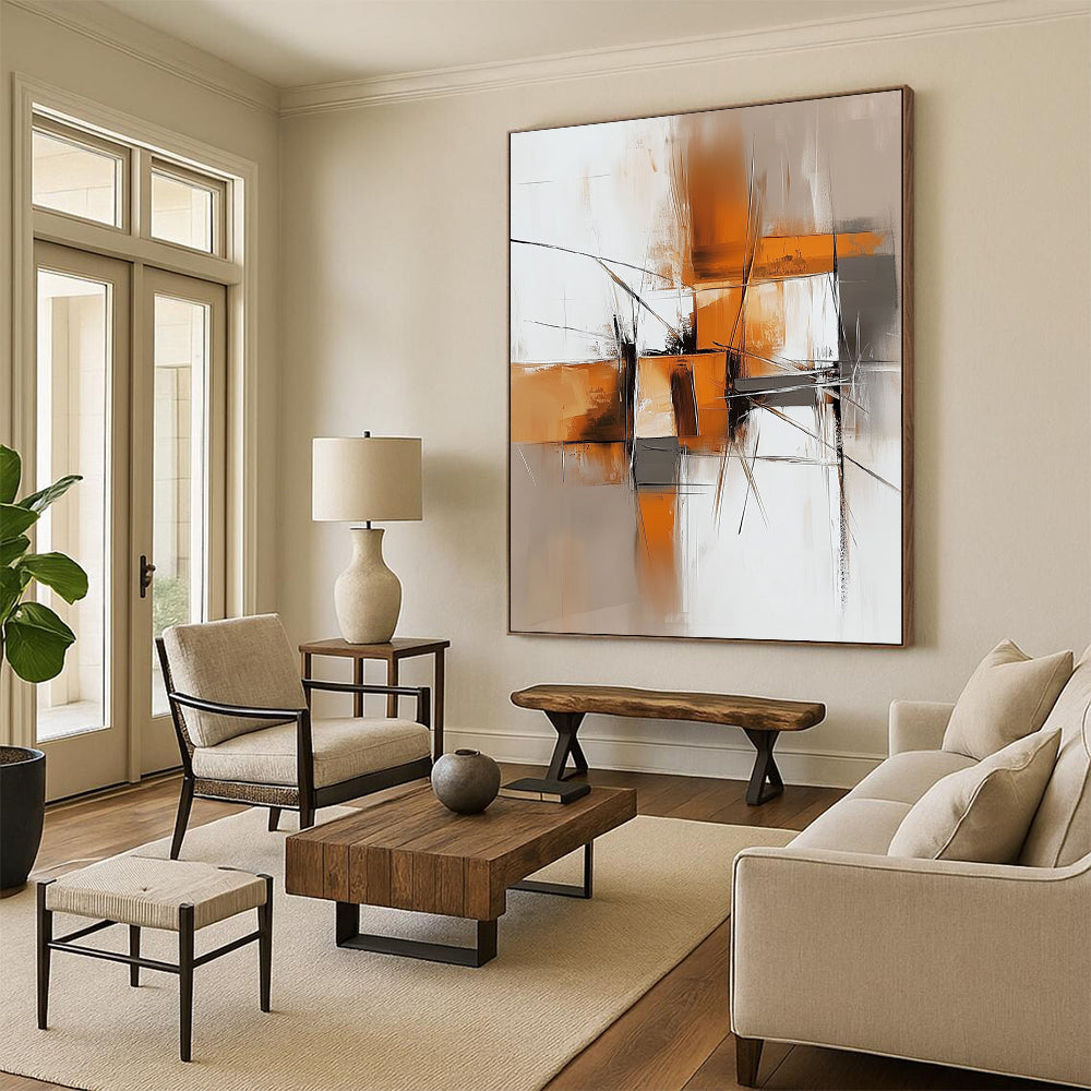 Contemporary hand-painted abstract artwork features light orange and dark gray tones with brush strokes and shapes on a textured white background. DLZ0680