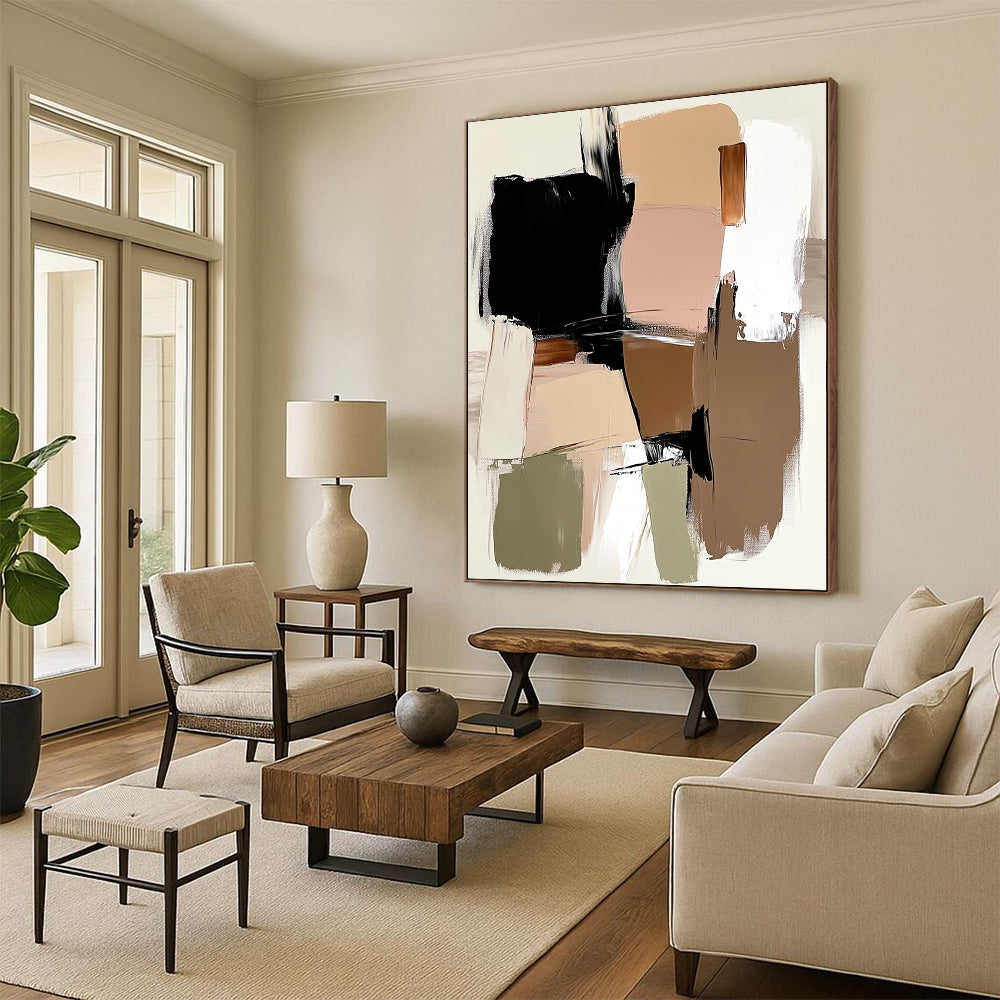 Contemporary hand-painted abstract art featuring loose brush strokes, large shapes, and a neutral background in beige and brown with accents of black, white, sage green, and pink. DLZ0557
