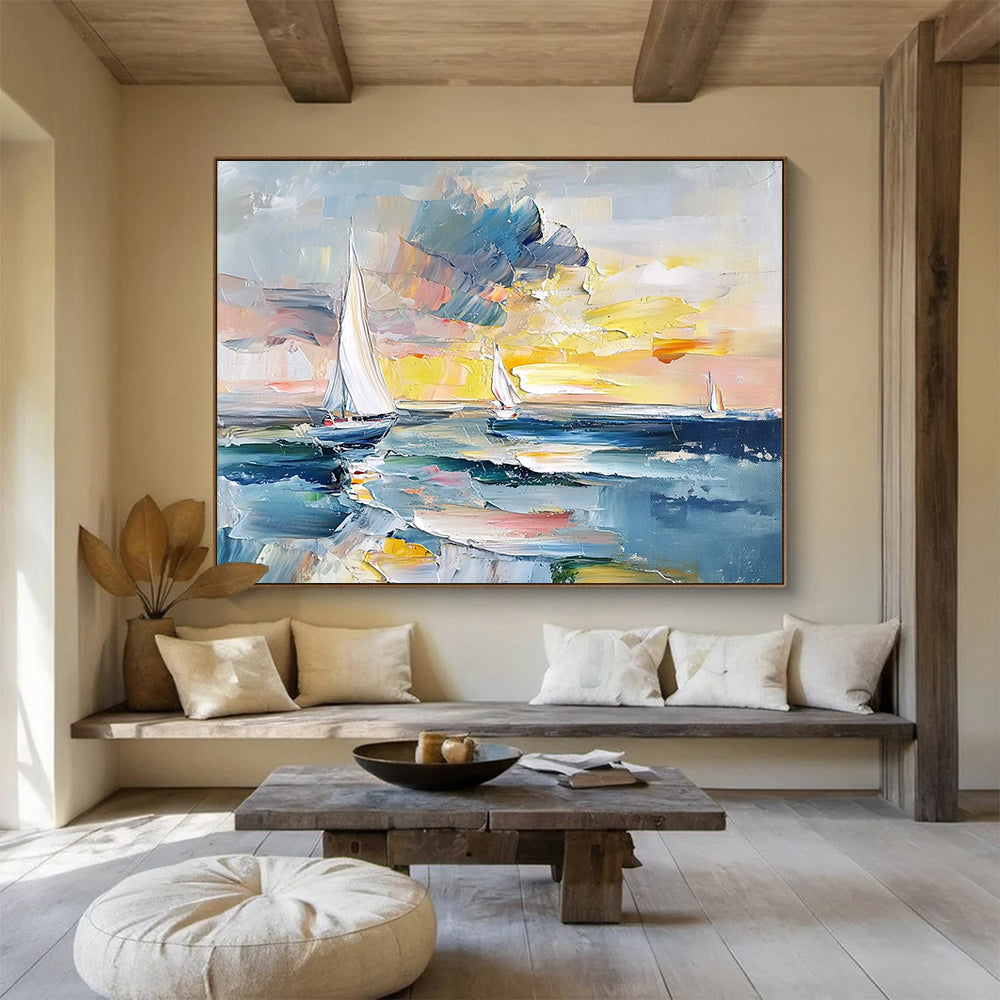 “Colorful Sailboat Sunset” - Blues, Yellows, Oranges, Abstract Sailboat Scene - Impasto Oil Painting HB1722