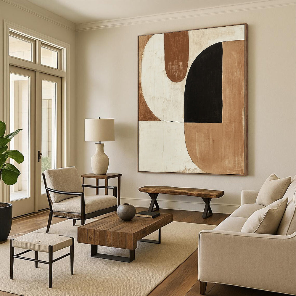 Large contemporary hand-painted abstract artwork featuring minimalist shapes in earth tones and a striking black shape. DLZ1135