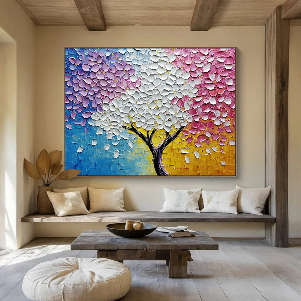 “Rainbow Blossom Tree” - Vivid blues, purples, whites, pinks, yellows; Textured flower tree; Impasto Landscape Painting On Canvas HB1161