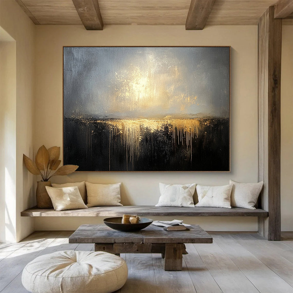 “Gilded Twilight Horizon” - Gray, Gold, Dripping Textures, Abstract Landscape Painting On Canvas HB0896