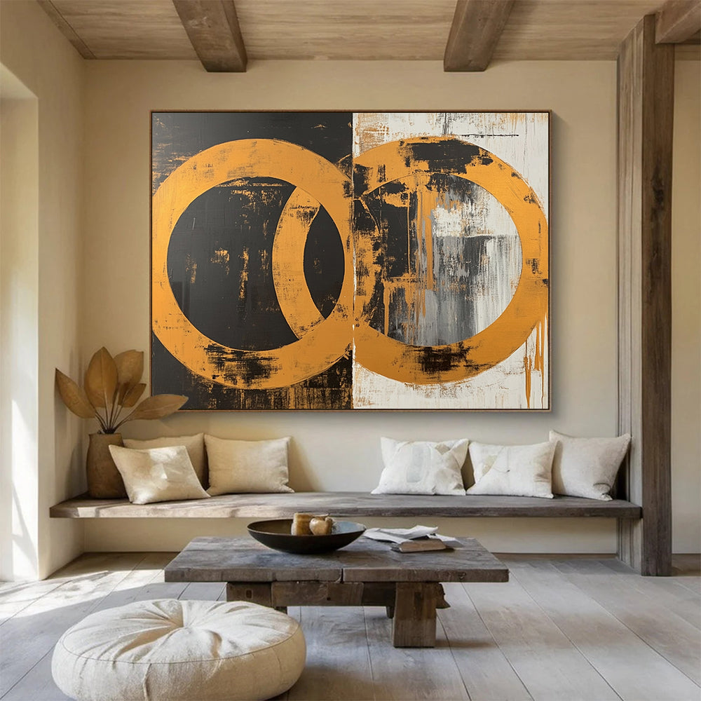 “Interlocking Gold Circles” - Gold, Black, White, Abstract Circles Painting On Canvas HB0785