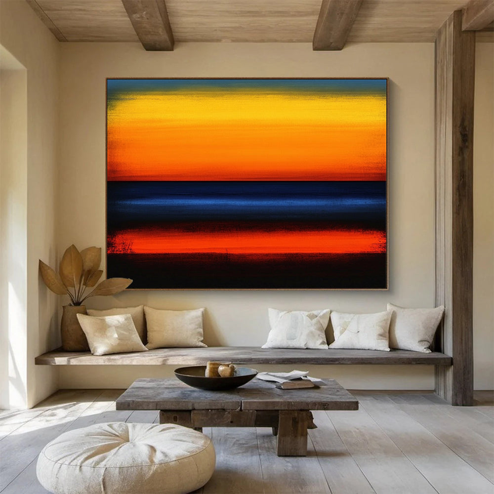 Sunset Stripes in Orange, Yellow & Blue - Color - Field Landscape Painting On Canvas HB0473