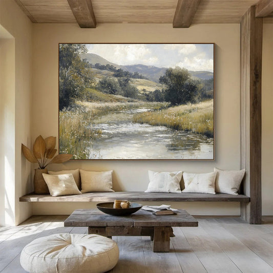 “Tranquil River Landscape” - Green, Blue, Serene Landscape Painting On Canvas HB0695