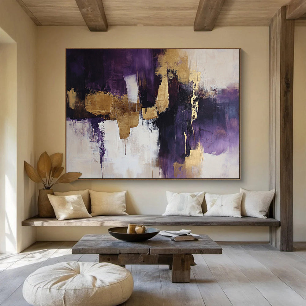 “Purple and Gold Abstract Fusion” - Purple, gold, white, black; Dynamic abstract color blocks and drips; Acrylic Painting On Canvas HB1216