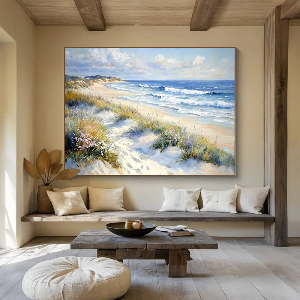 Blue, White, Yellow and Green Beach Landscape "Coastal Calm" Painting On Canvas HB0662