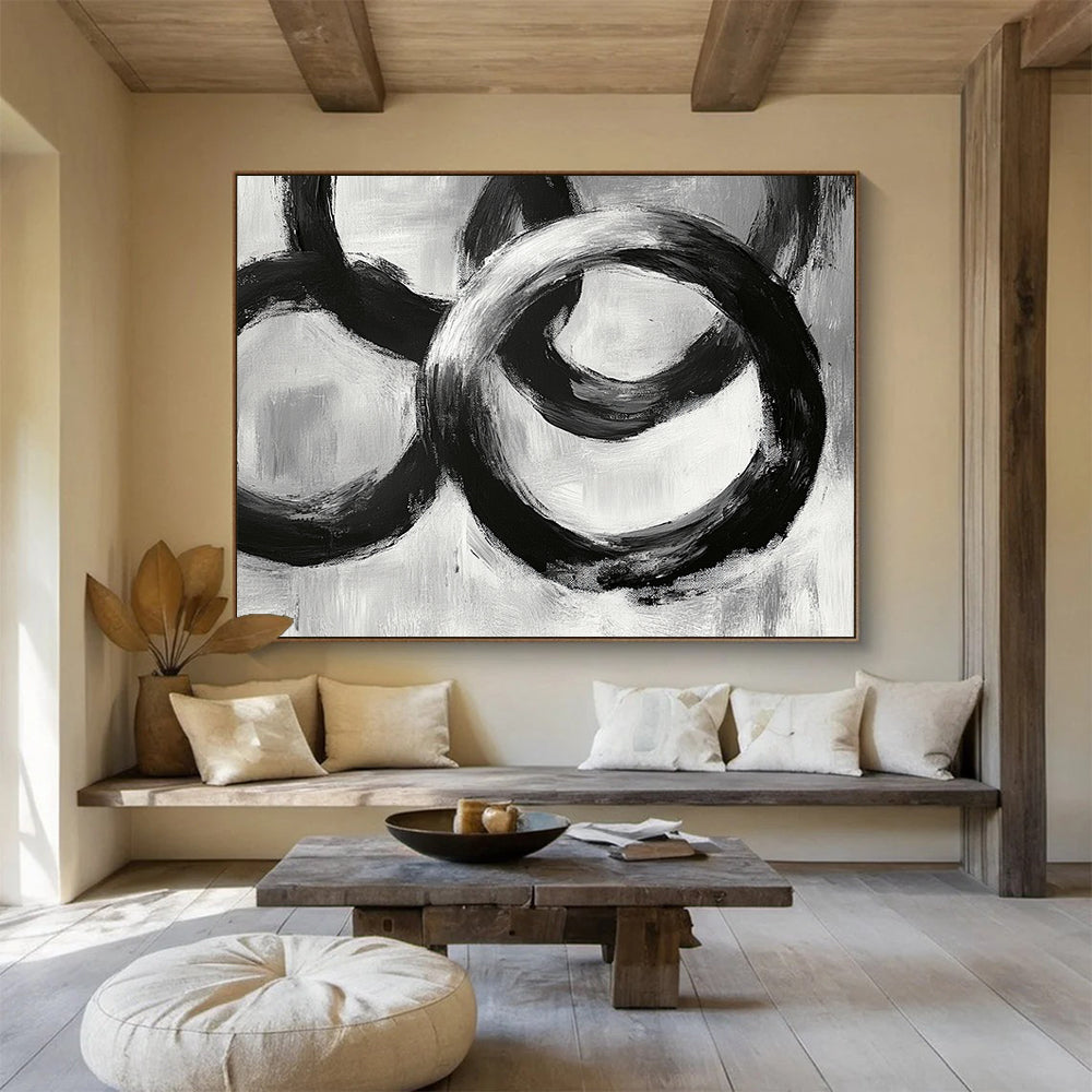 “Interlocking Black Rings” - Blacks, Whites, Grays, Abstract Circular Forms - Acrylic Painting HB1622