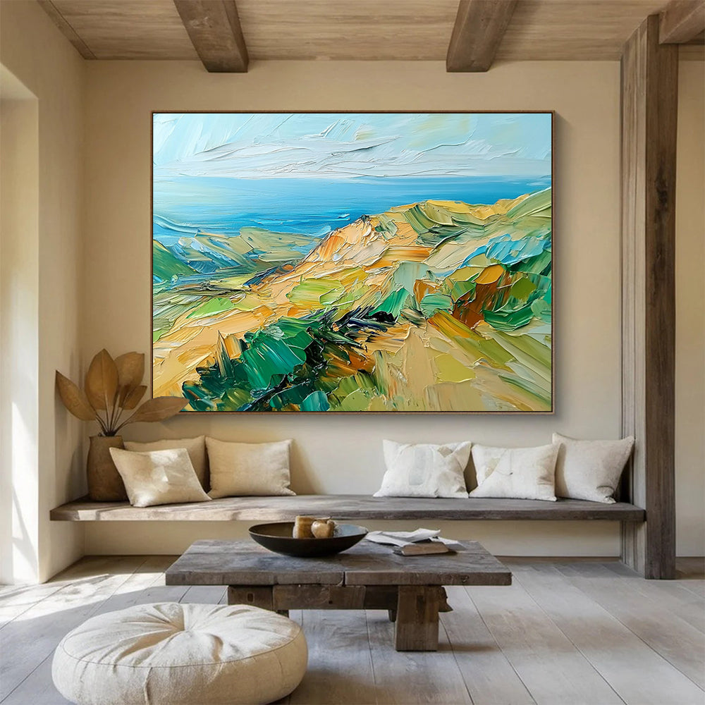 “Impasto Coastal Cliffs” - Green, Blue, Yellow, Textured Cliffs and Ocean View Painting On Canvas HB0925