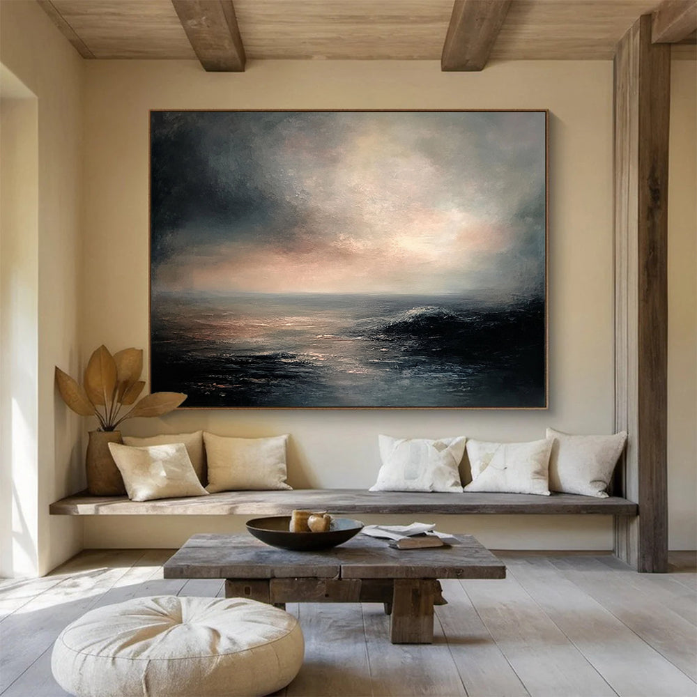 “Moody Dusk over the Ocean” - Greys, Pinks, Blues, Dramatic Sea - Scape - Romantic Oil Painting HB1561