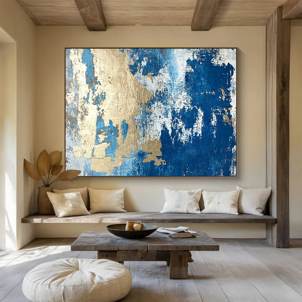 “Textured Gold - Blue Abstract Fusion” - Gold, Blue, Gray, White, Textured Layers Painting On Canvas HB0819