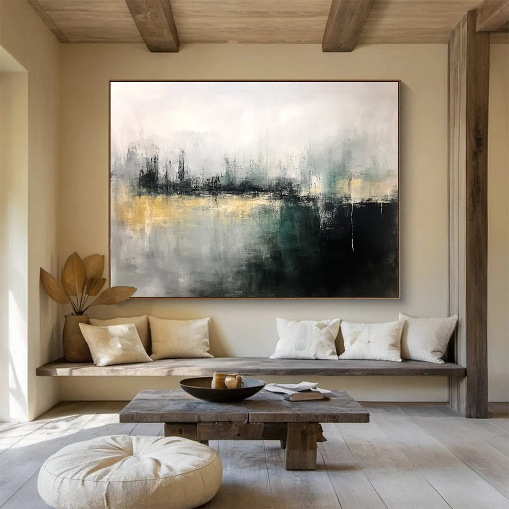 “Gray - Green Abstract Cityscape” - Gray, Green, Abstract Cityscape Painting On Canvas HB1112