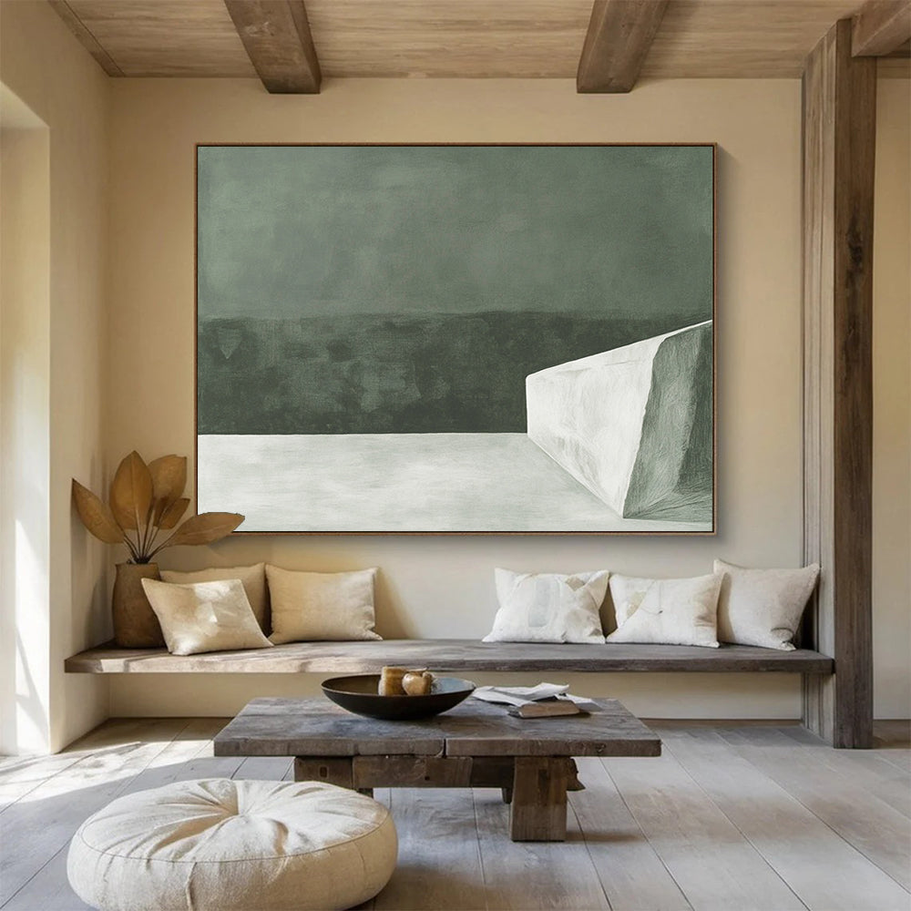 “Monochrome Minimalist Block” - Dark green backdrop with a stark white geometric form, Minimalist Abstract Painting On Canvas HB0537