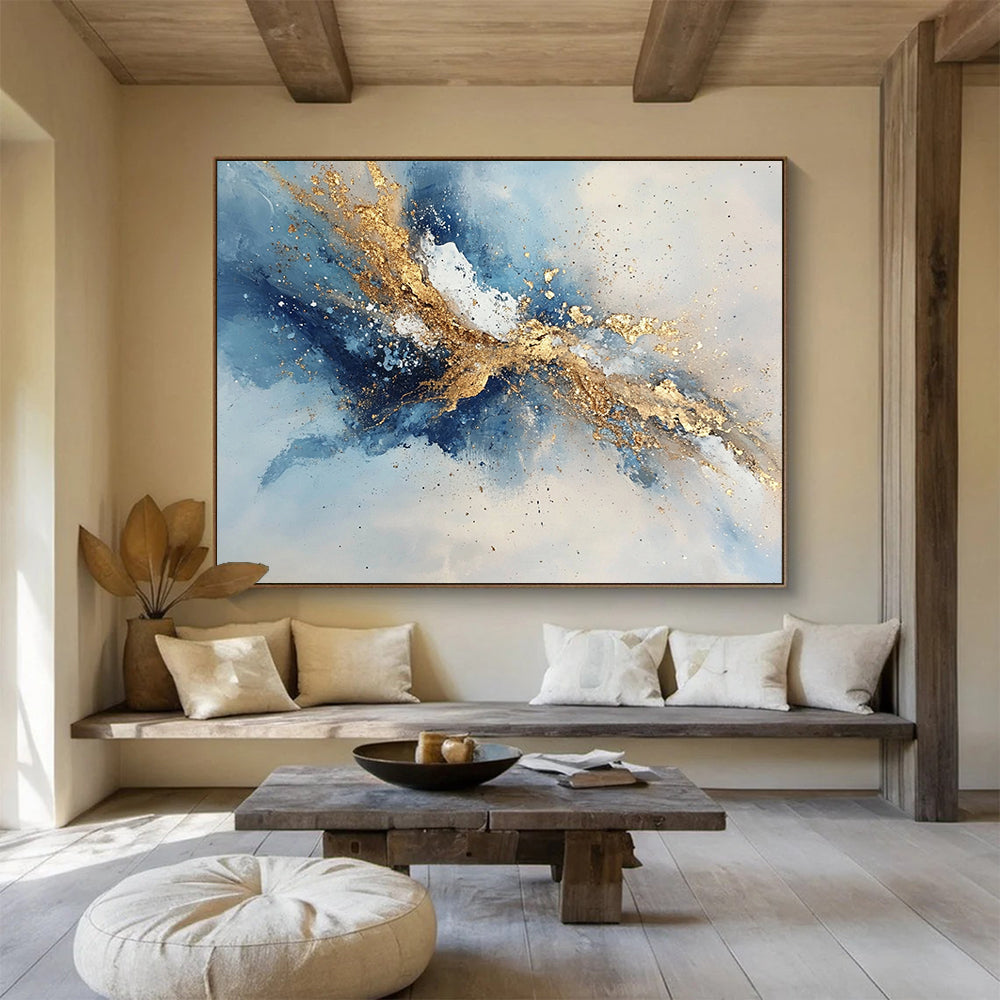 “Dynamic Gold - Blue - Gray Abstract Splash” - Gold, Blue, Gray, White, Energetic Splashes Painting On Canvas HB0824