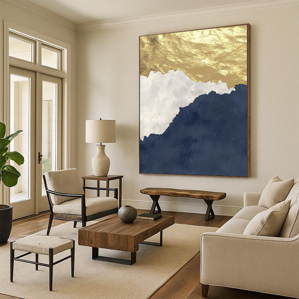 Contemporary abstract artwork features gold and navy tones on a white background with calming waves and dark grey gradient effects with golden foil accents. DLZ0268