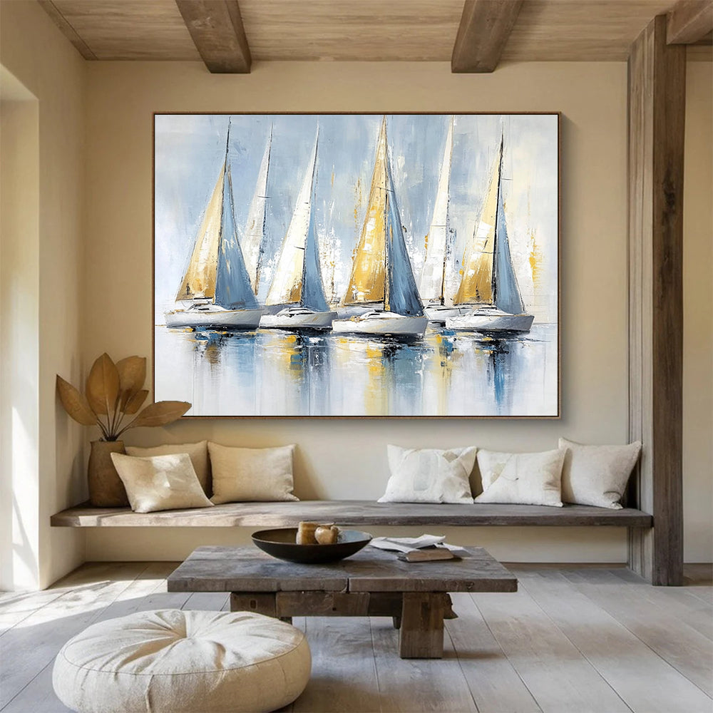 “Blue and Gold Sailboats” - Light Blues, Golds, Whites, Sailboats on Reflective Water - Impasto Oil Painting HB1734