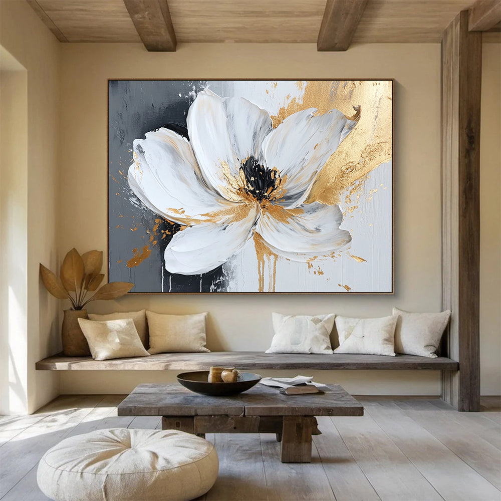 “Gilded White Flower” - White Petals, Gold Accents, Black Center, Textured Floral Painting On Canvas HB1103