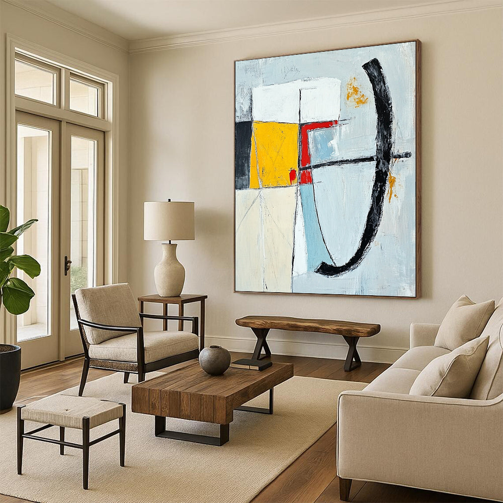 Contemporary abstract painting featuring bold brushstrokes in gray blue yellow and white with a striking red line and unique shapes on a white background. DLZ0637