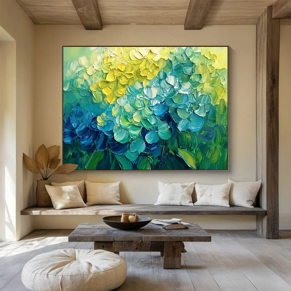 “Vibrant Hydrangeas Burst” - Yellow, Teal, Blue, Lush Flower Blooms Painting On Canvas HB1016