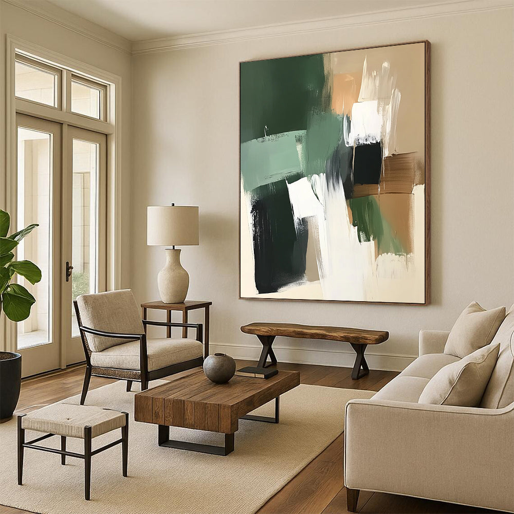 Contemporary hand-painted abstract artwork featuring green white and brown tones with thick brush strokes on a dark beige background with sage green shapes. DLZ1035