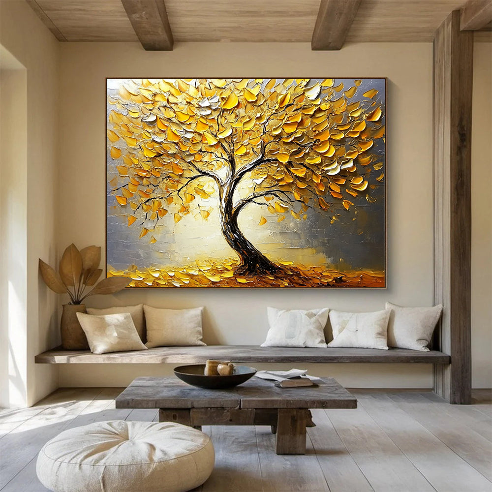 “Textured Golden Tree” - Gold, Gray, 3D Golden Leaves, Tree - Impasto Oil Painting HB1678