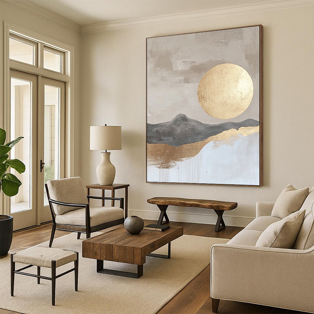 Contemporary hand-painted abstract art featuring a beige and gray landscape with a golden moon on textured paper surface in neutral colors. DLZ0284