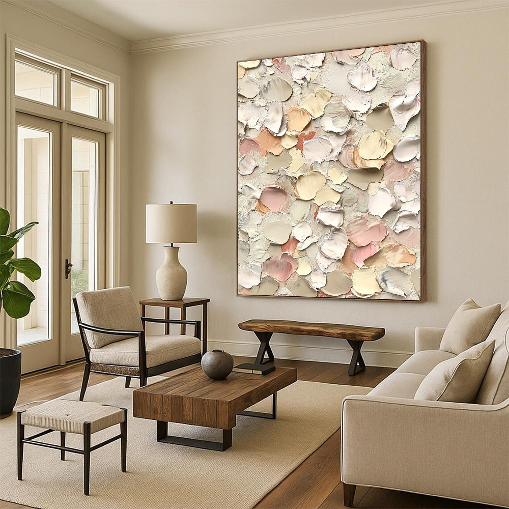Large contemporary hand-painted abstract art featuring small flowers in cream and pink hues with thick impasto texture against a white background. DLZ0641