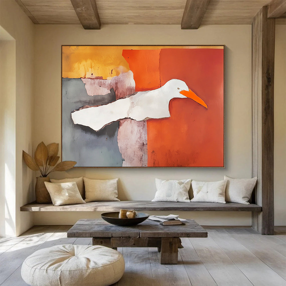 “Collage Bird” - Orange, gray, purple, white; Abstract bird collage; Mixed Media Painting On Canvas HB1209