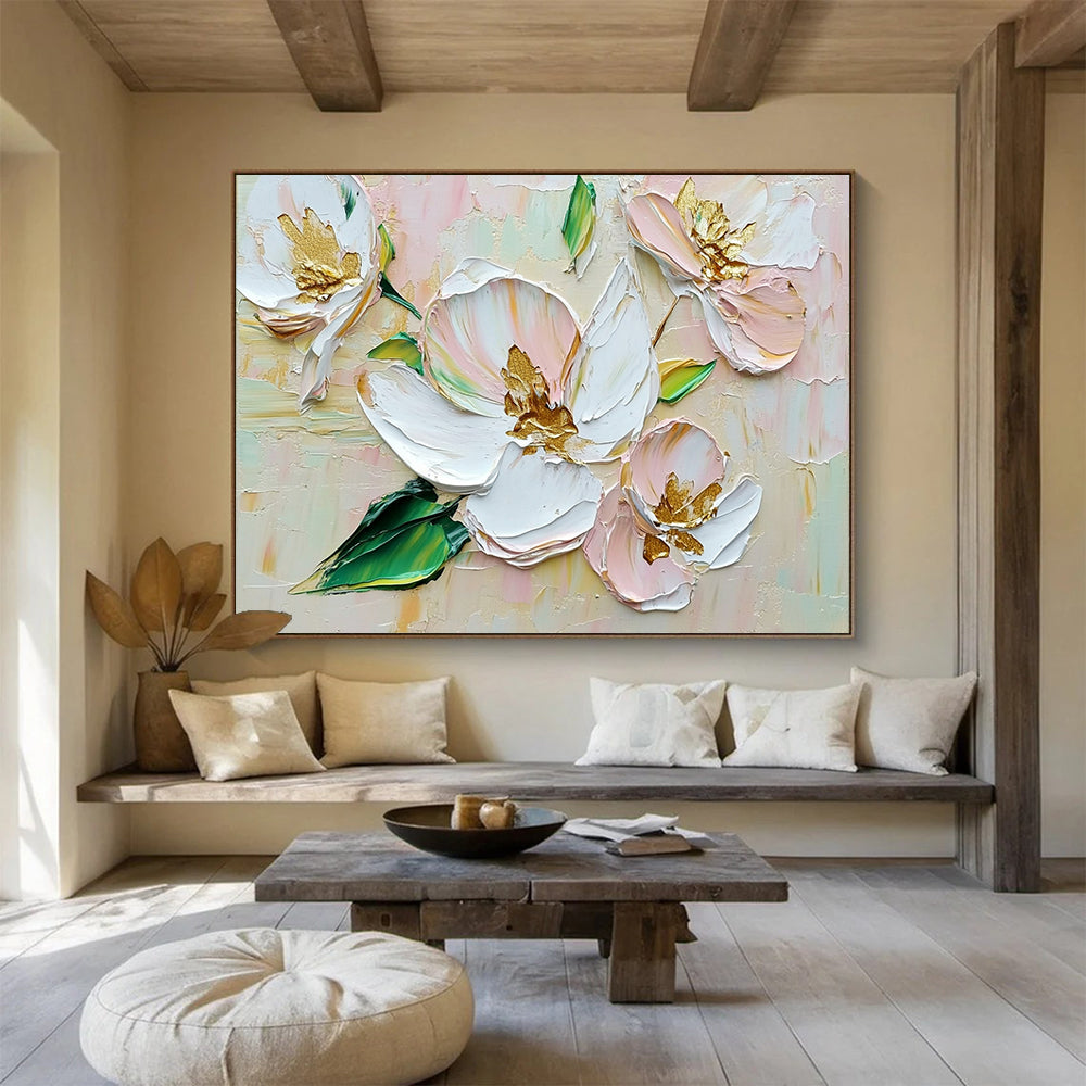 “Textured White - Pink Flowers with Gold Centers” - Impasto Floral Painting On Canvas HB0506