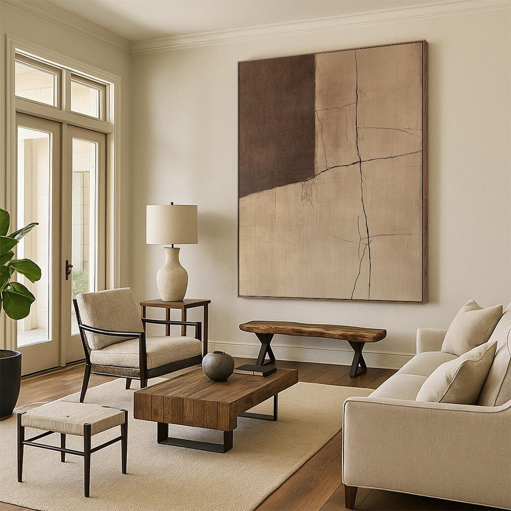 Contemporary abstract artwork showcasing textured wall cracks in warm brown and beige tones inspired by Jean-Que Demoiselle's unique style. DLZ0860